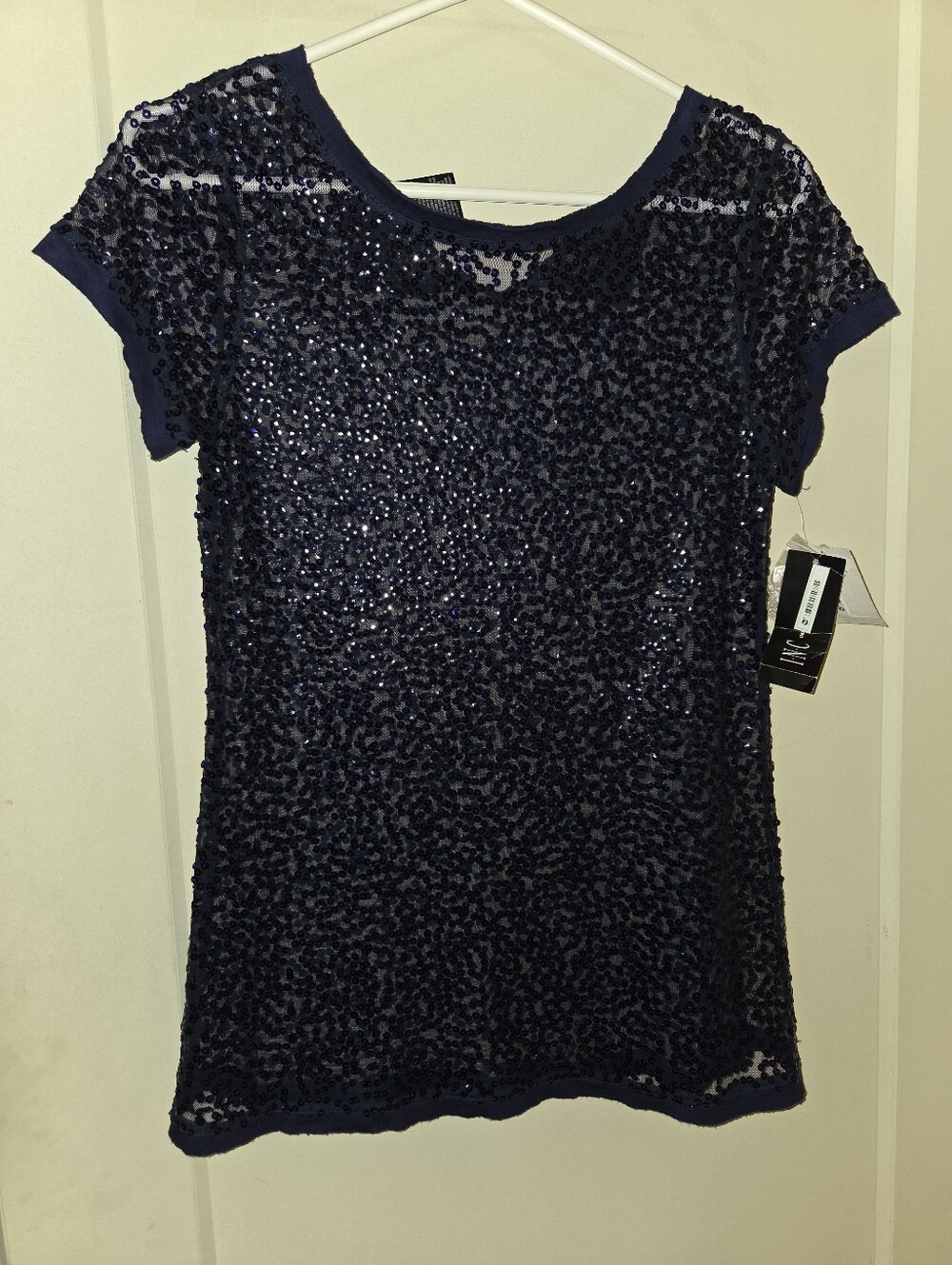 INC International Concepts Navy Sequin Short Sleeve Tee